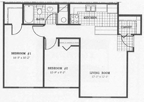 Floor plan for 2 beds, 1 bath, 789 sqft